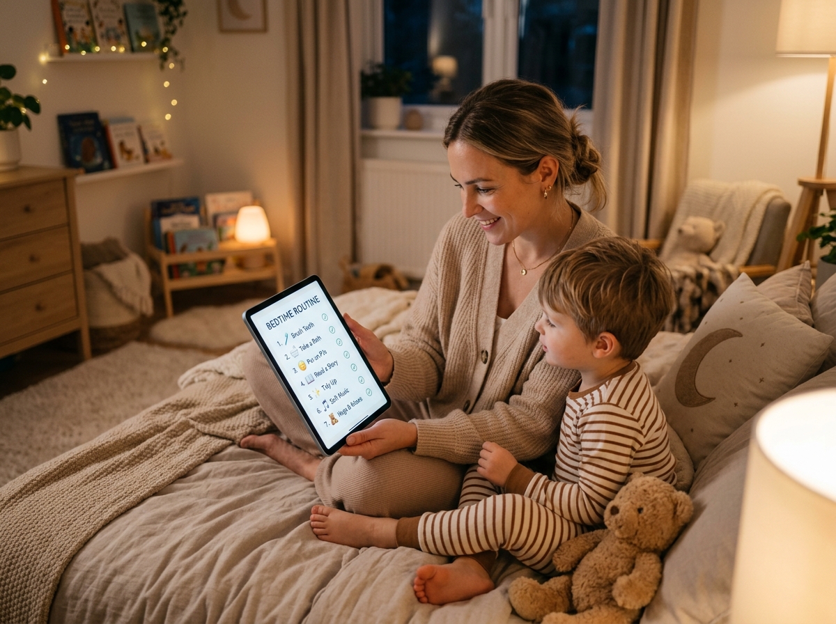 Mom with child holding tablet showing bedtime routine